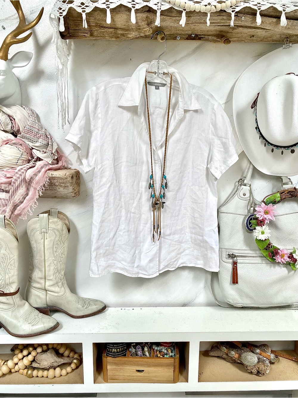 Upcycled LINEN shirt/cover up w crochet back detailing w cottagecore beach vibe